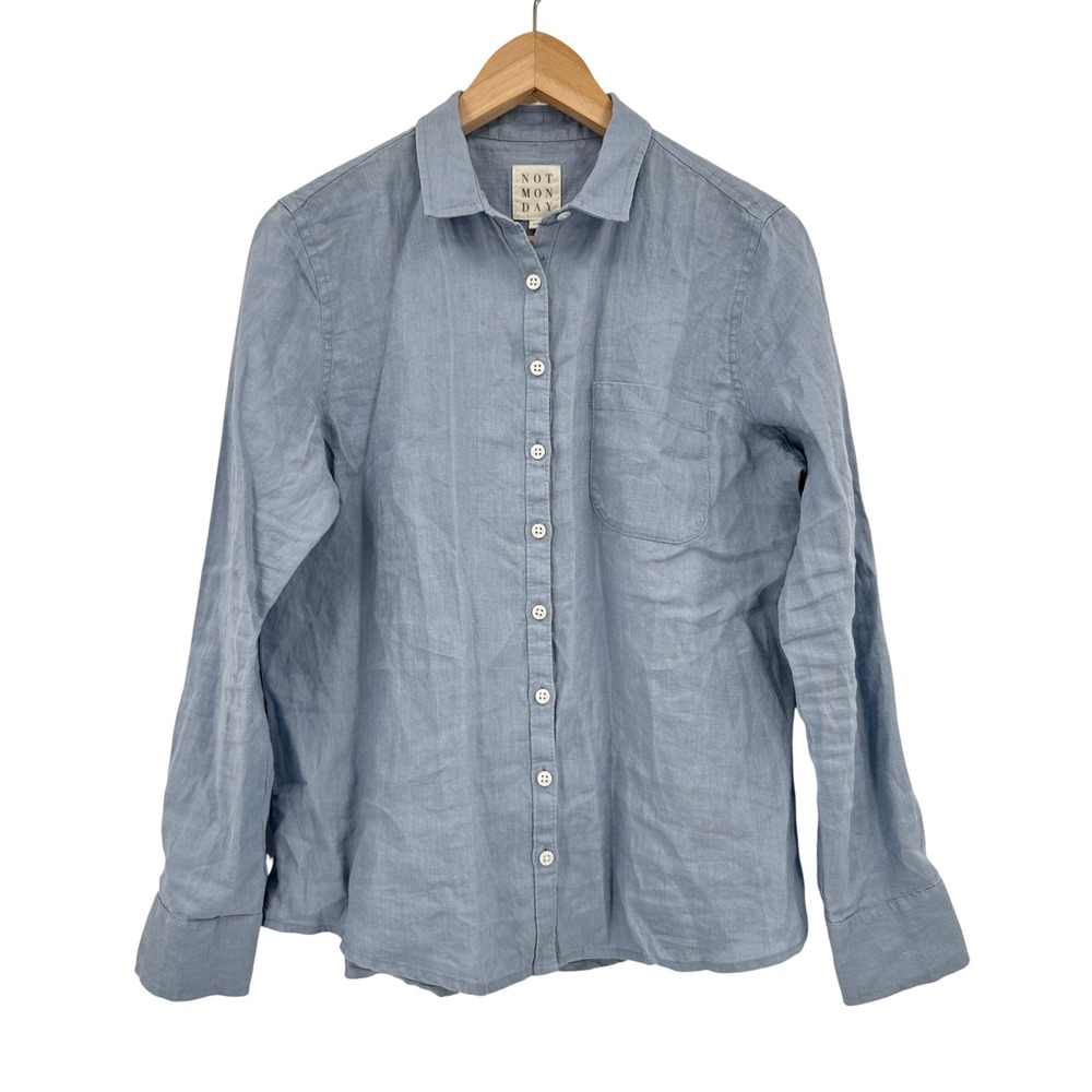 Not Monday Kennedy 100% Linen Button Down Shirt Blue Long Sleeve Pocket Small - Picture 1 of 7